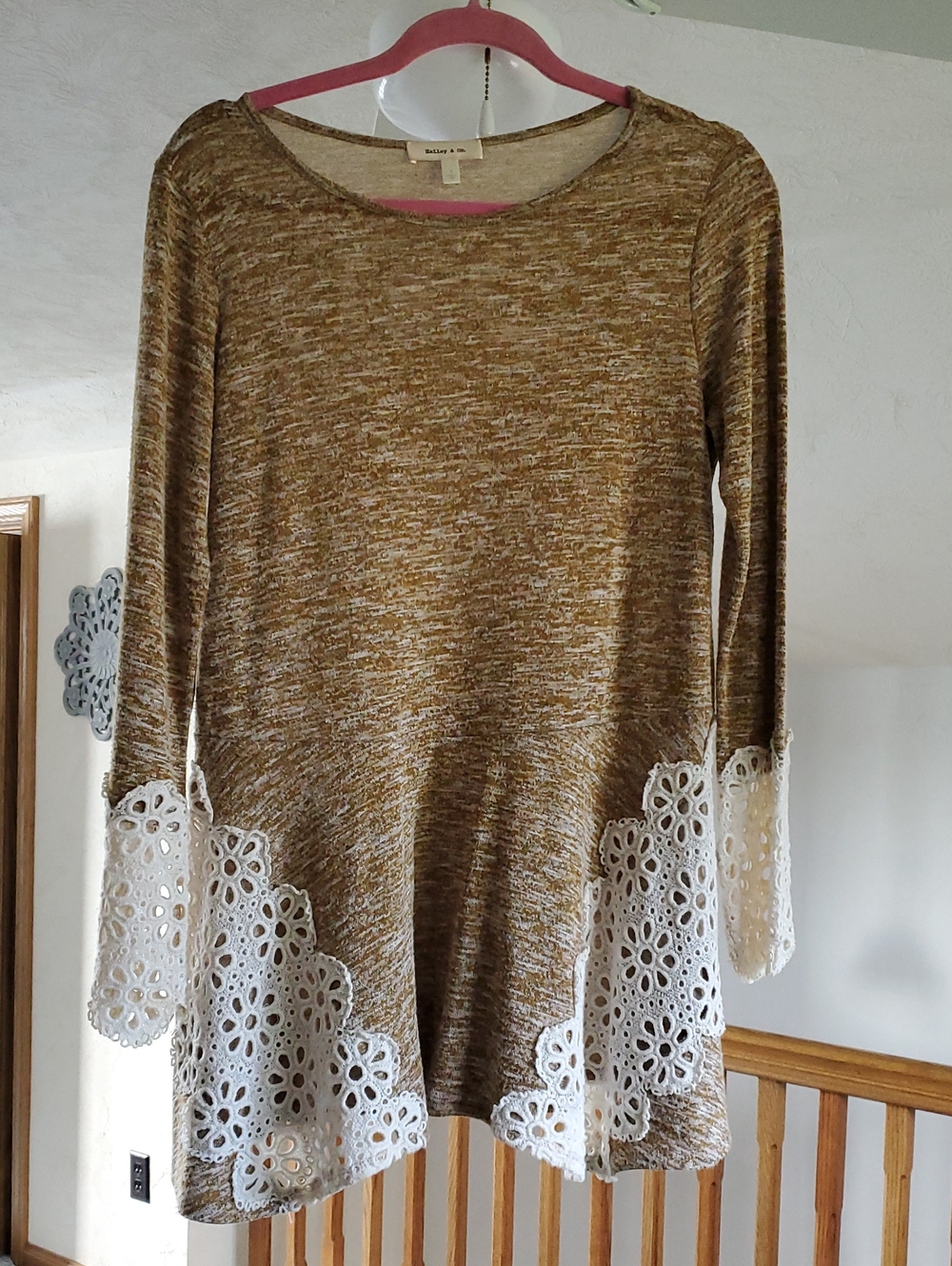 Relaxed Marled Mustard Tunic with White Crochet Hem